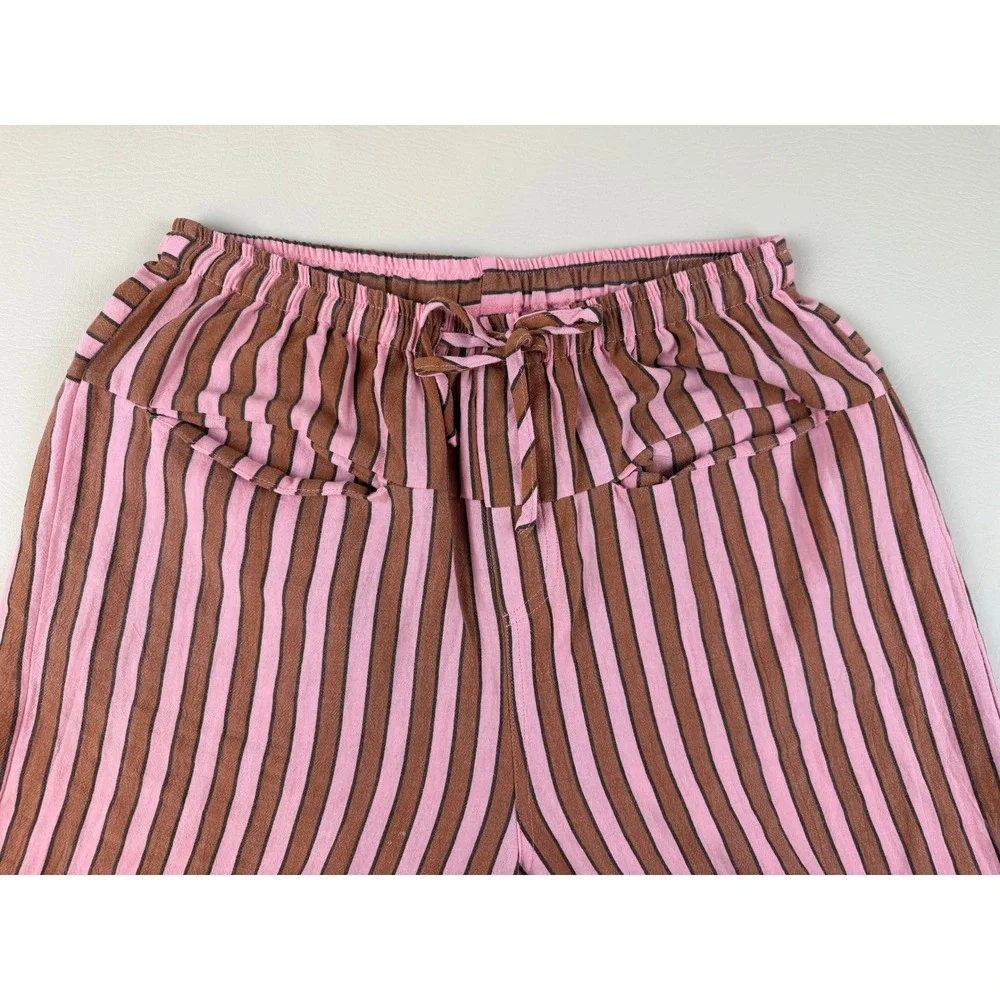 Boho Striped Wide Leg Cotton Pants Pink Brown Drawstring Medium Unbranded